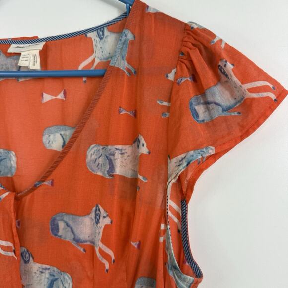 Anthropologie Meadow Rue Orange Dog Print Blouse 10P Ruffle Pleated Sheer Cotton - Picture 6 of 15